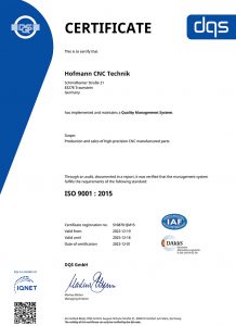 ISO 9001 : 2015 Zertifikat - Hofmann CNC-Technik