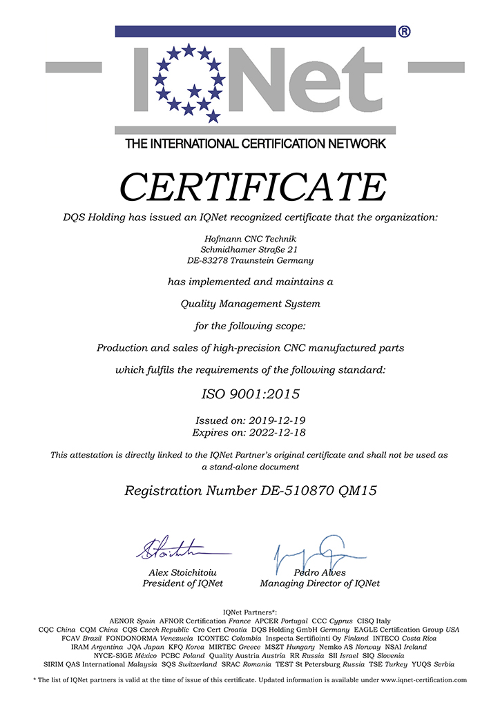 IQ-Net Zertifikat - Hofmann CNC Technik